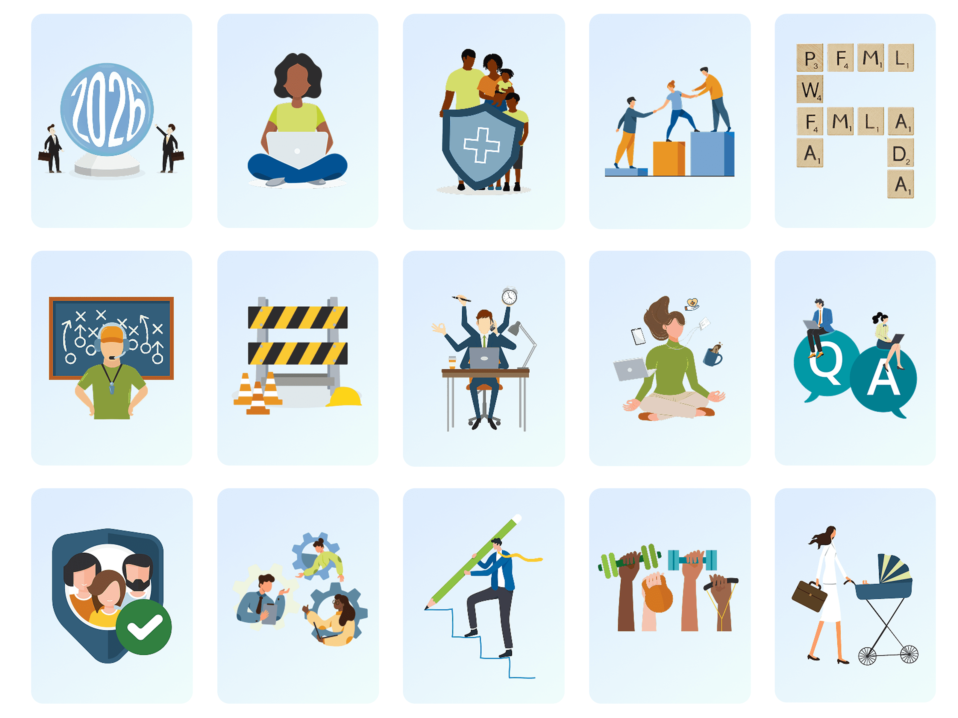 A 5x3 grid of fifteen custom illustrations from the Unum brand library used across The Benefits Briefing.