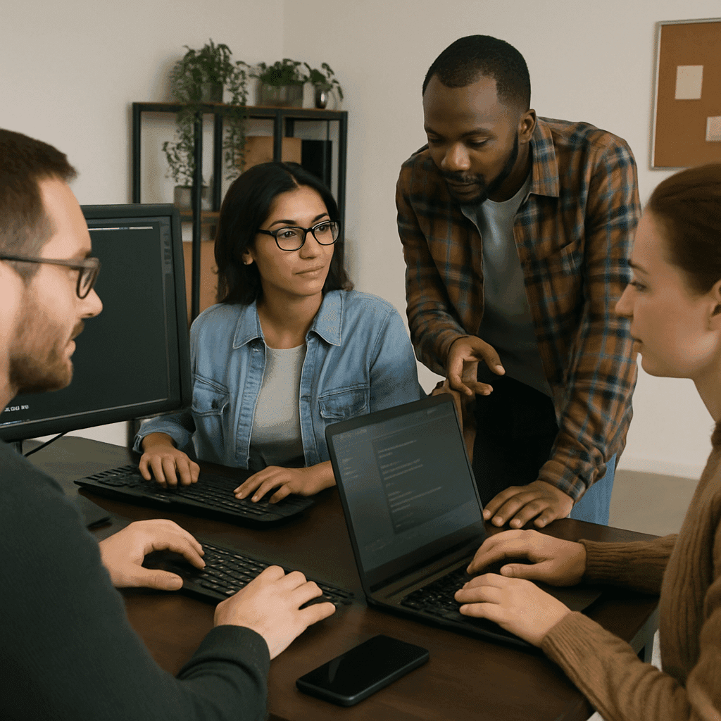 A diverse team of IT professionals collaborating around a table, working on laptops and desktops during a technical discussion.