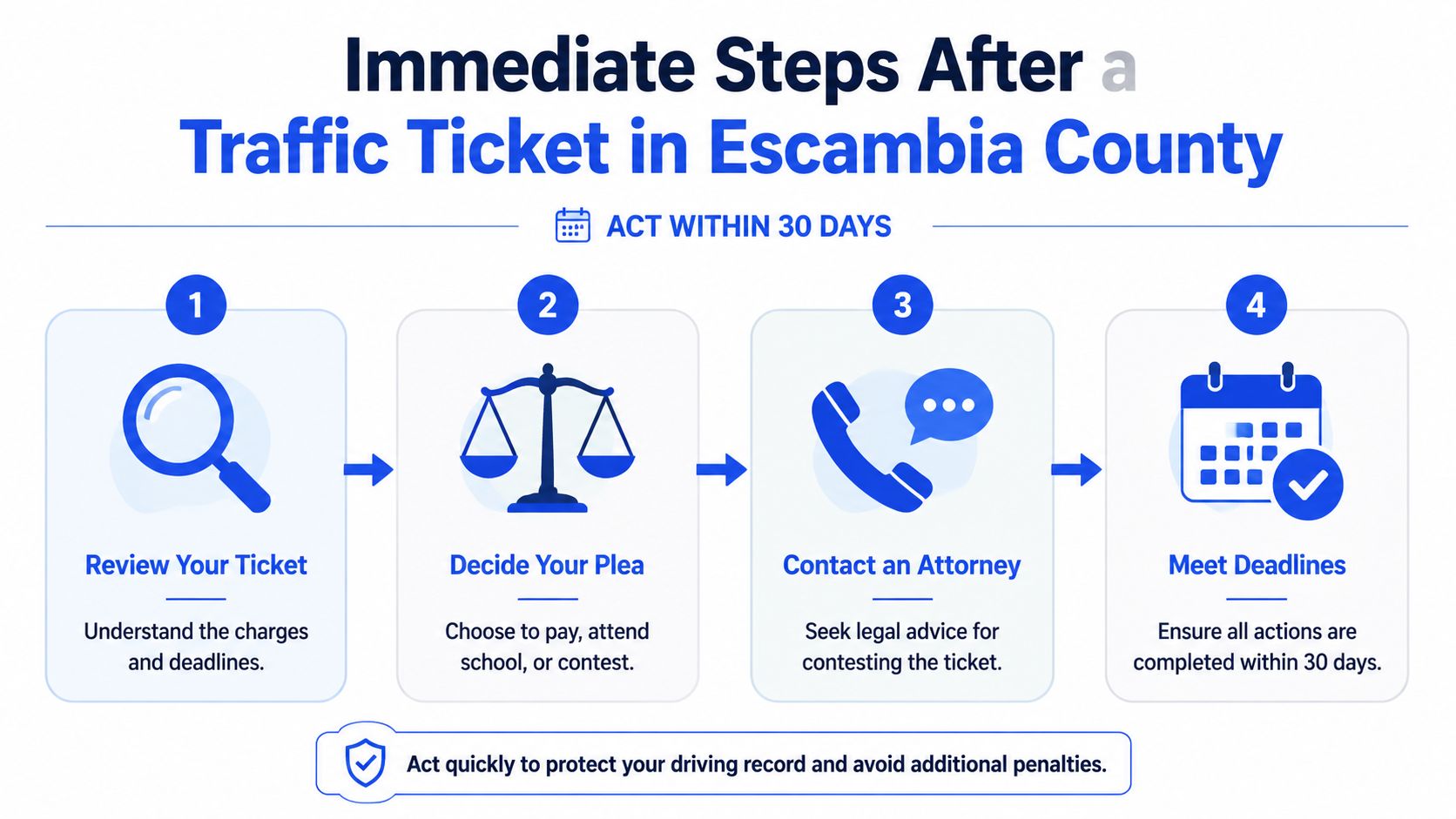 A four-step infographic showing how to handle a traffic ticket in Escambia County within 30 days.