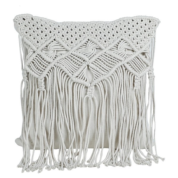 White macrame cushion cover with long fringe boho design