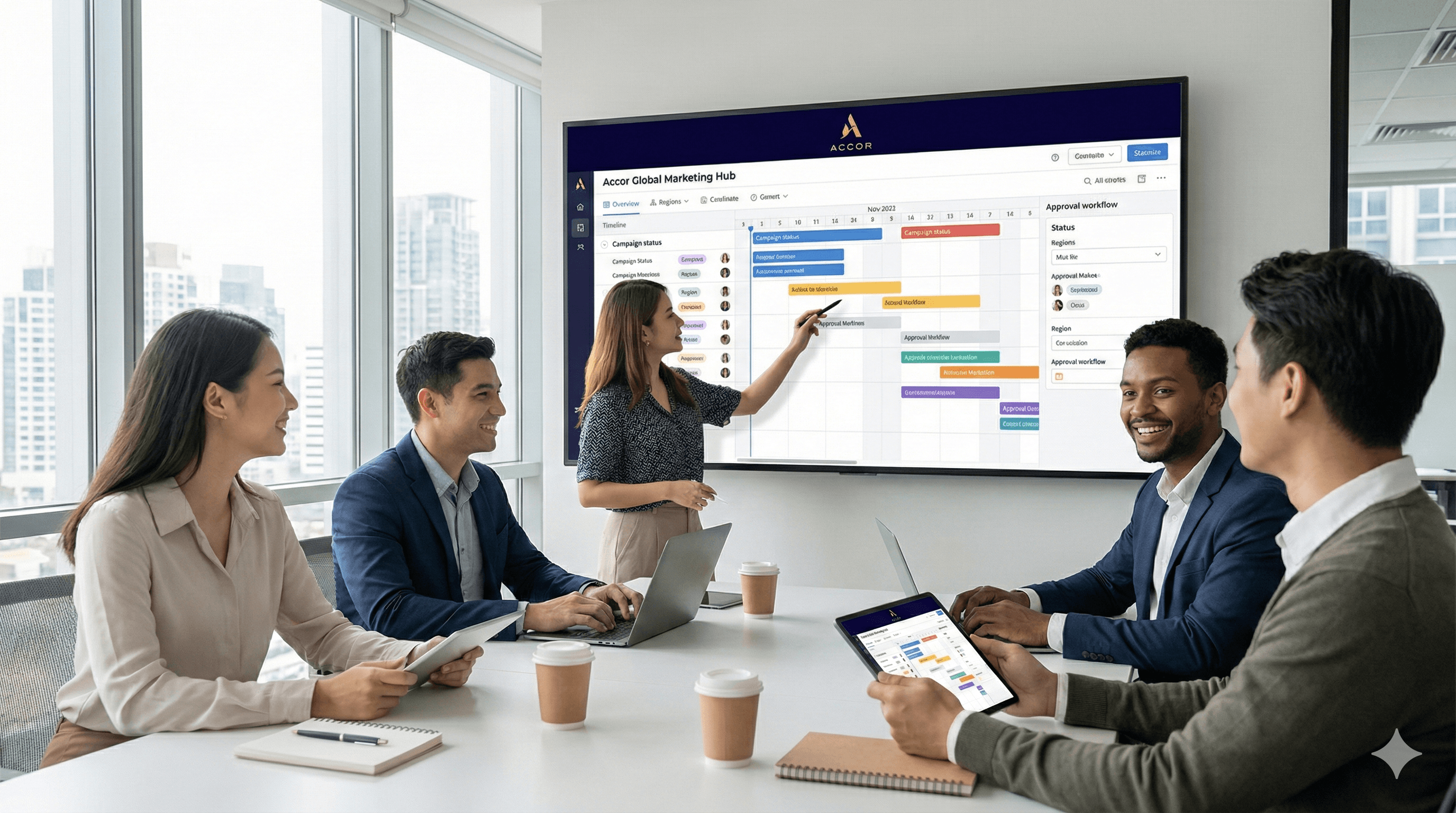 A group of professionals collaborates in a modern office, engaging with a Miro network diagram displayed on a large digital whiteboard, surrounded by technology equipment and servers.