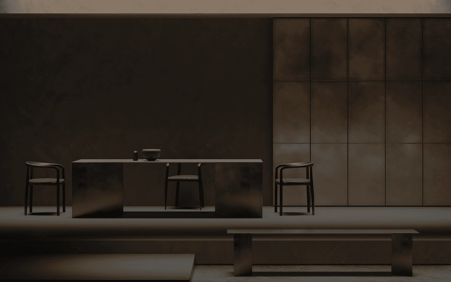 Modern minimalist room with desk and chairs. Minimalist decor.