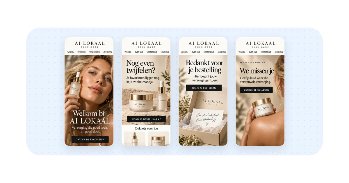 Vier e-mailontwerpen van het fictieve merk AI Lokaal Skin Care naast elkaar op een lichtblauw vlak: welkom, winkelwagen, bedankt en we missen je