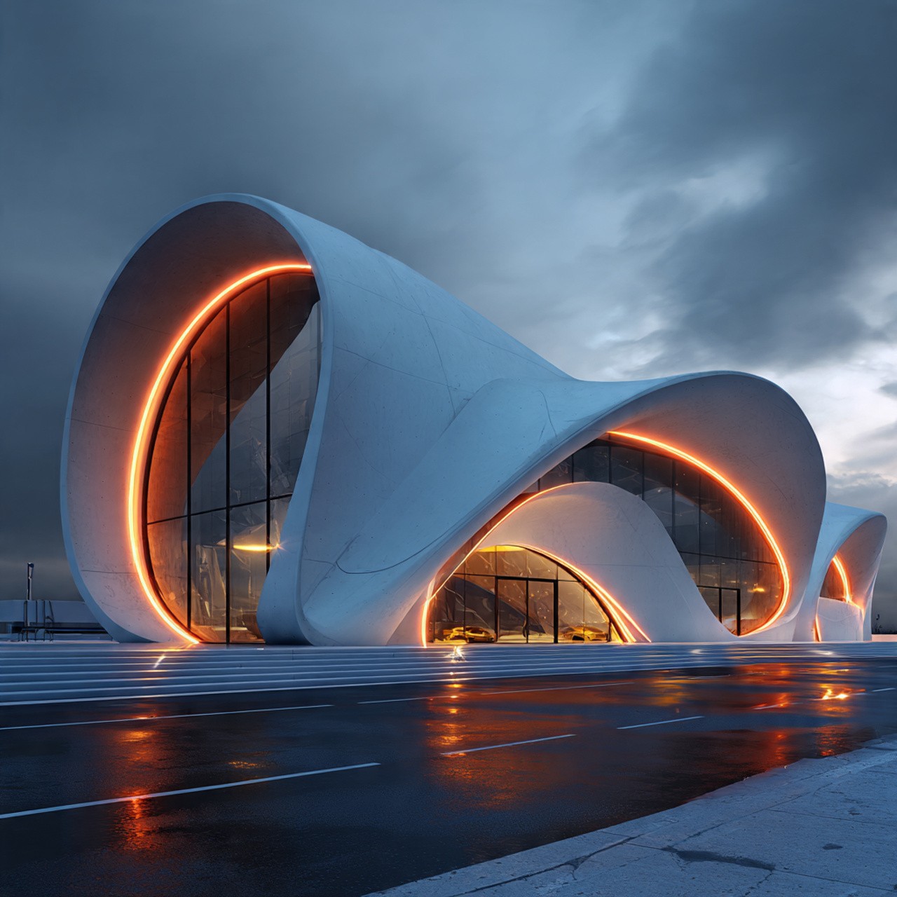 Glass skyscraper towering upwards against a dramatic orange and teal sunset sky.