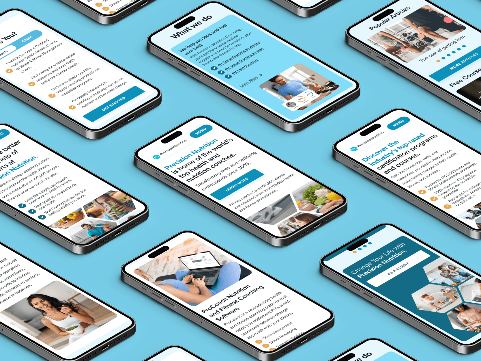 Precision Nutrition mobile web designs. Gridded phone mockups