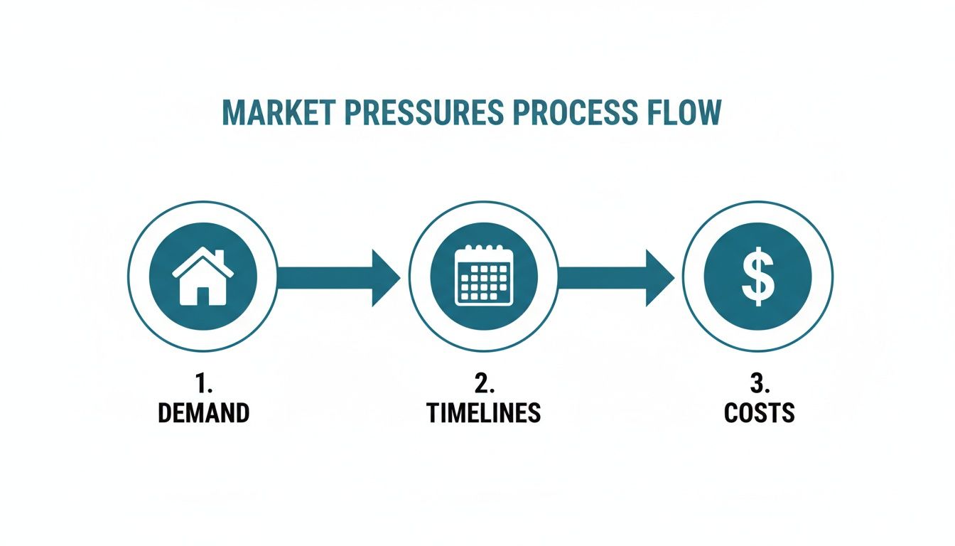 A market pressures process flow diagram illustrating demand with a house, timelines with a calendar, and costs with a dollar sign.