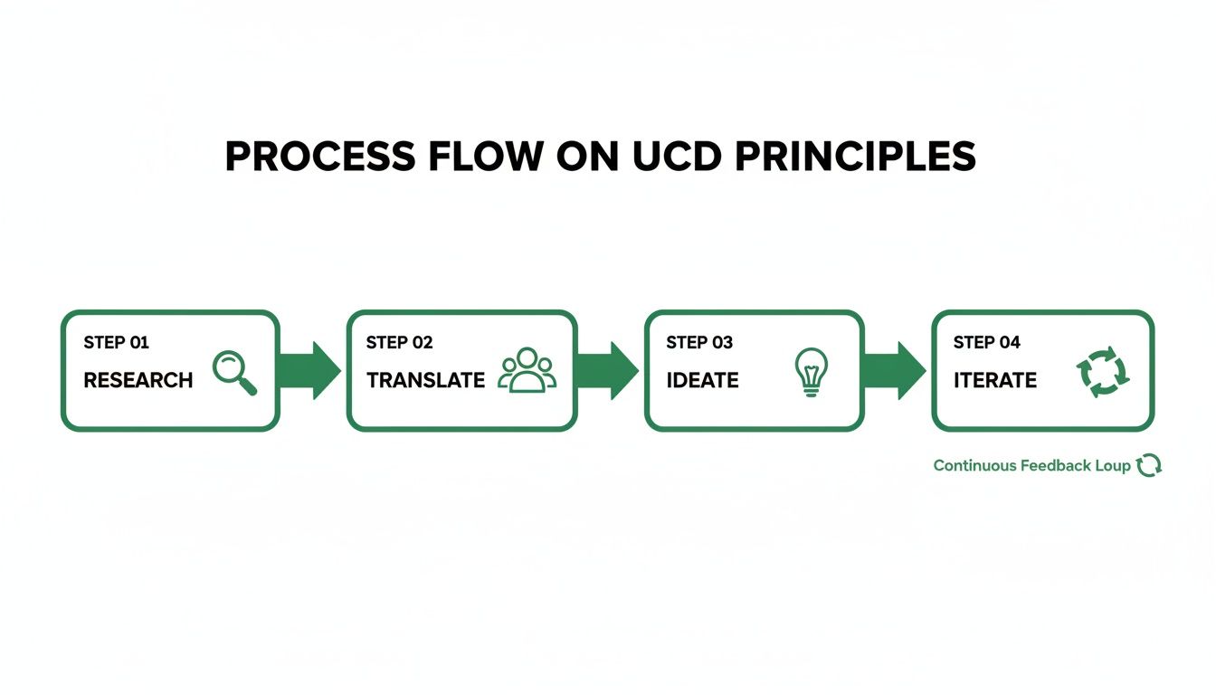 A UCD process flow diagram showing steps for Research, Translate, Ideate, and Iterate with feedback loop.