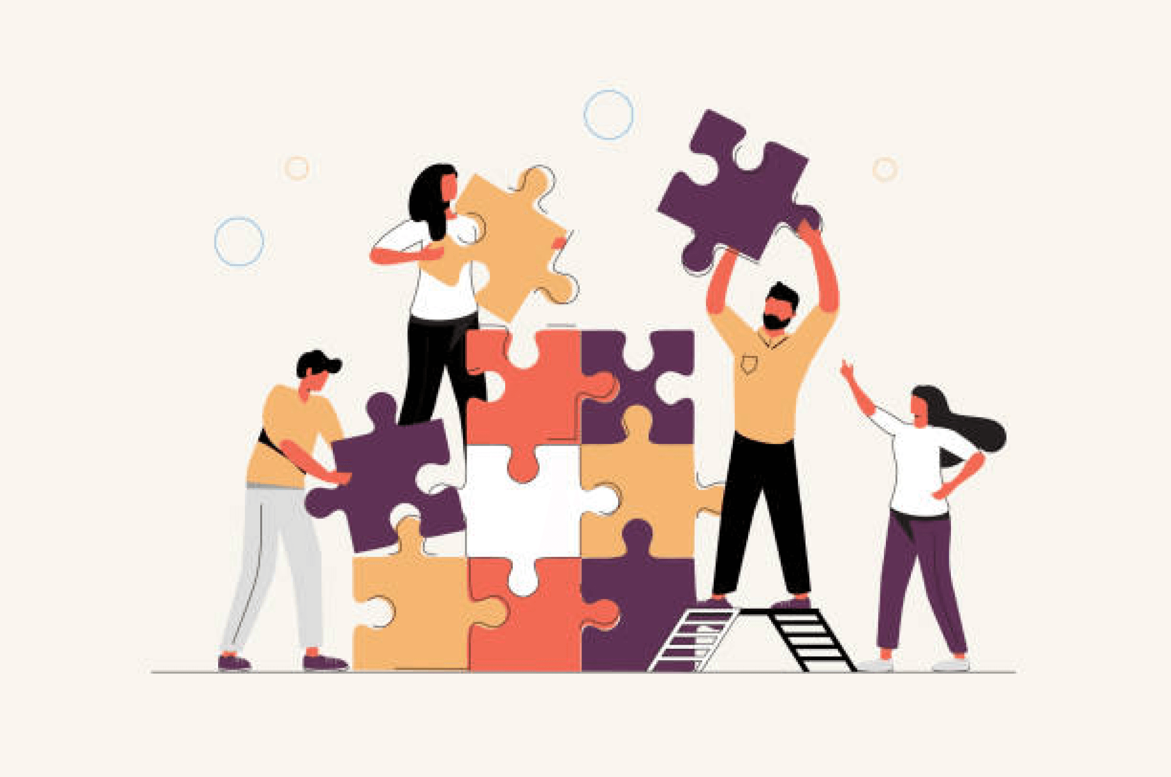 an illustration of a group of people stacking more puzzle pieces on top of more puzzle pieces