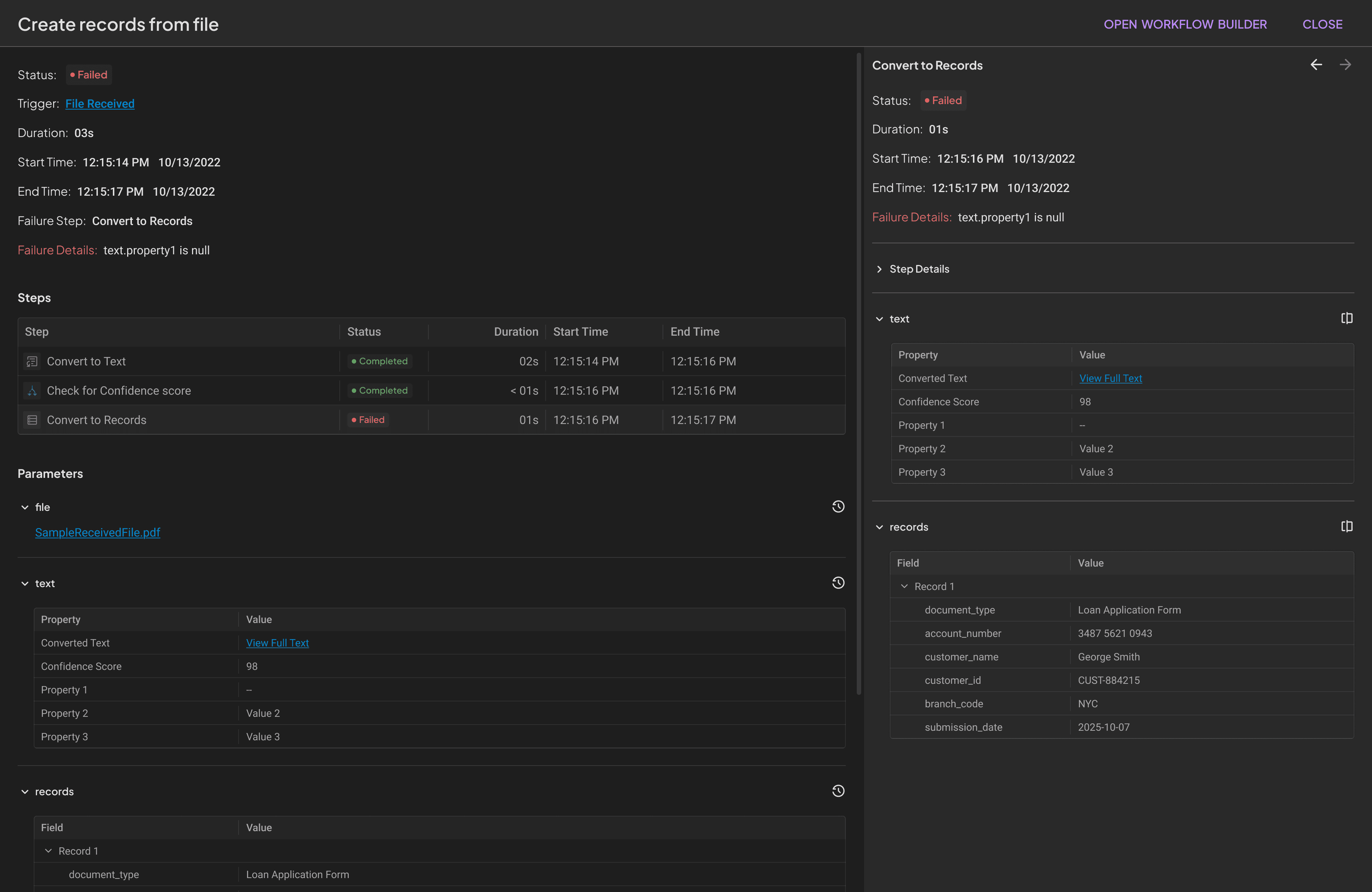 Grid view showing failed step with error details on right
