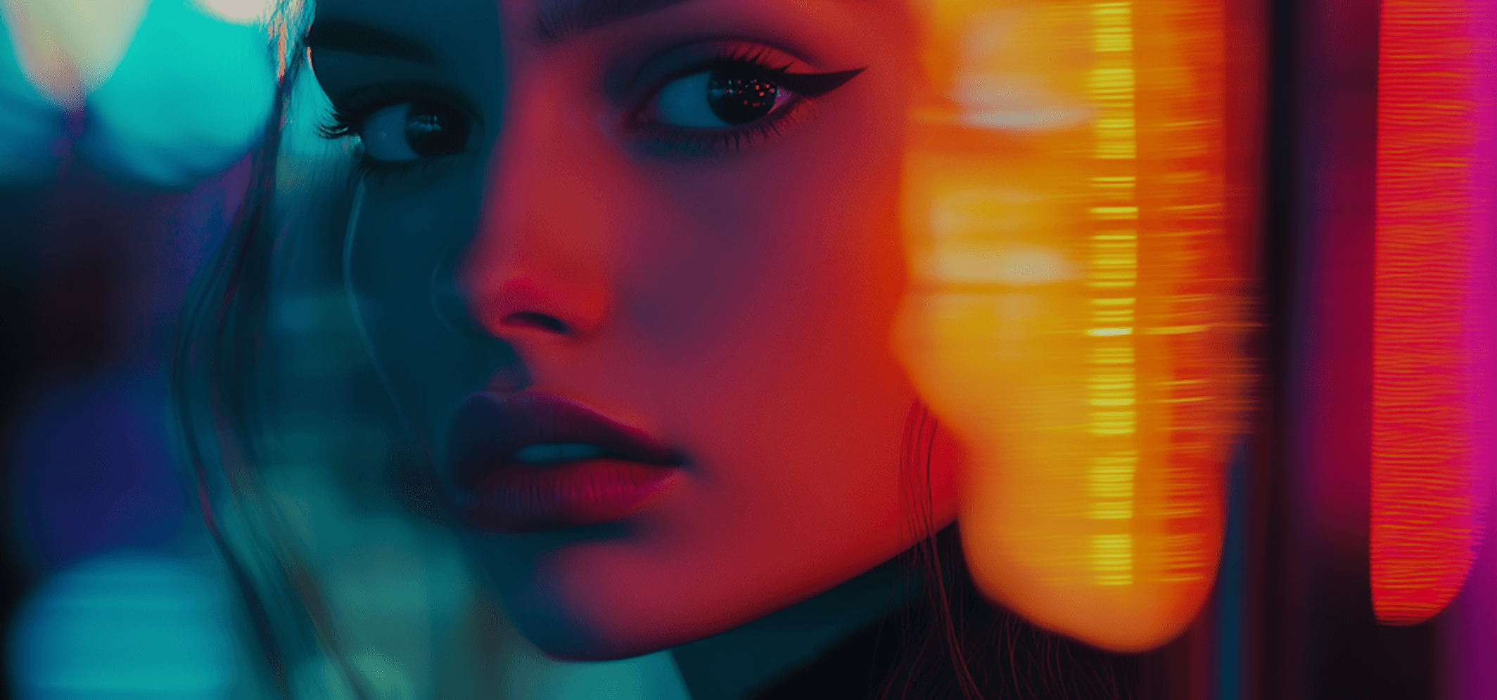 A woman is illuminated by bright lights, enhancing her presence in a lively and colorful setting.