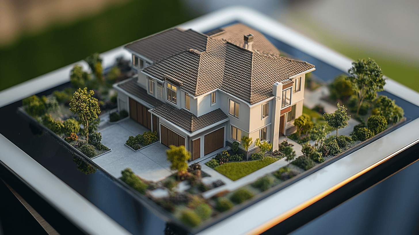 Aerial view of an architectural model of a house with landscaped gardens on a display surface.