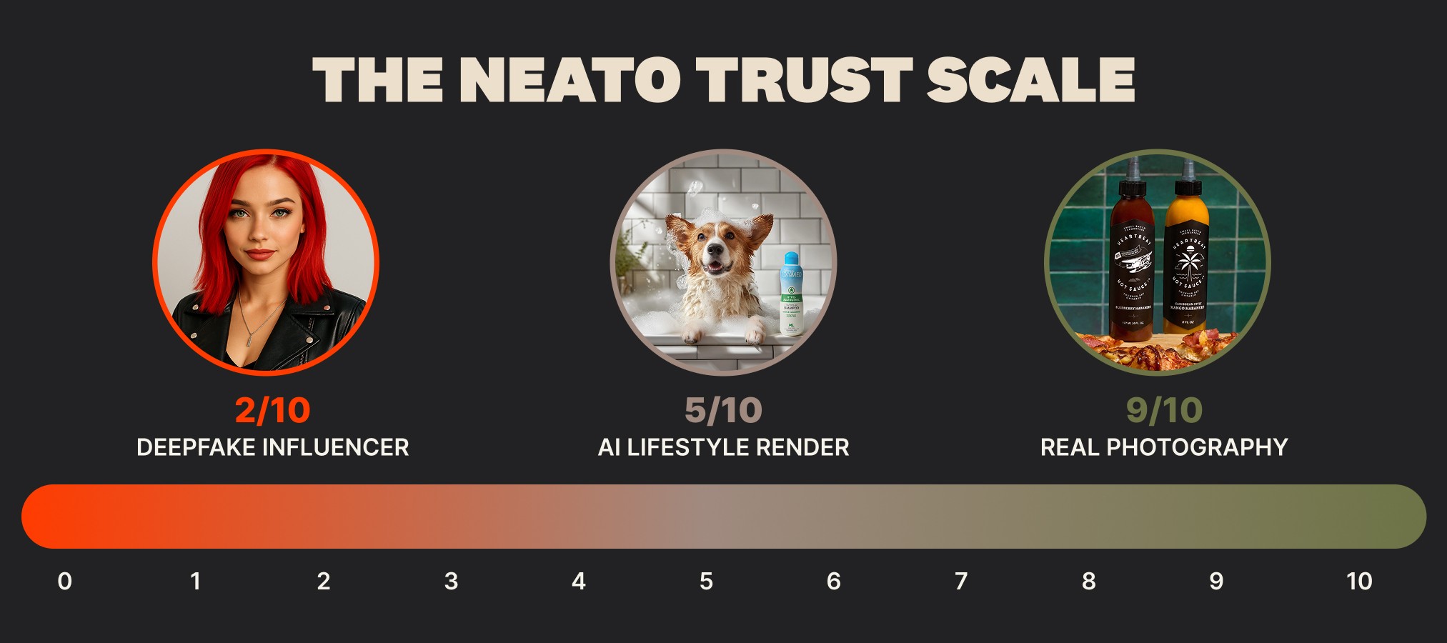 Neato trust scale graphic comparing deepfake influencer content, AI lifestyle renders, and real product photography by trust level
