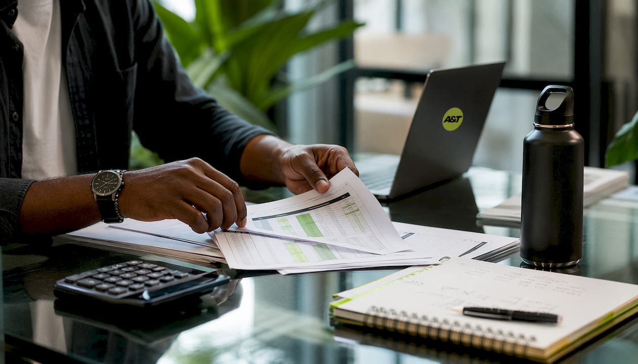 Hands arranging product feed spreadsheets on office table