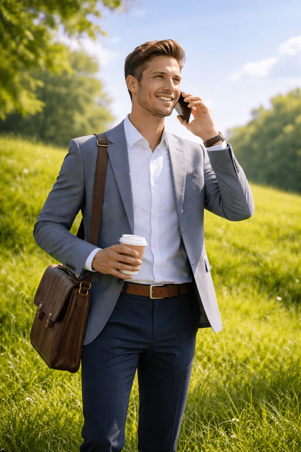 Consultant man calling in nature