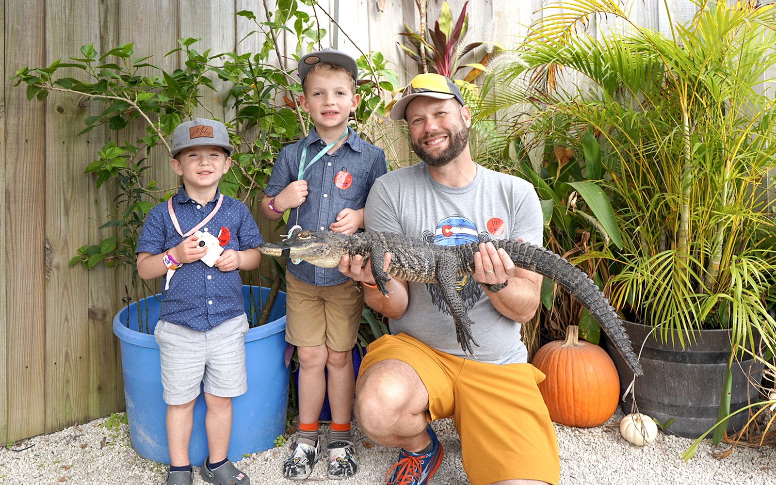 Guests holding a small alligator at Everglades Holiday Park animal encounter.