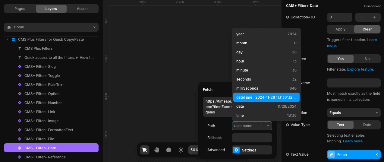 An example of using fetching with Filter+ Date. Setting the path based on the used API.