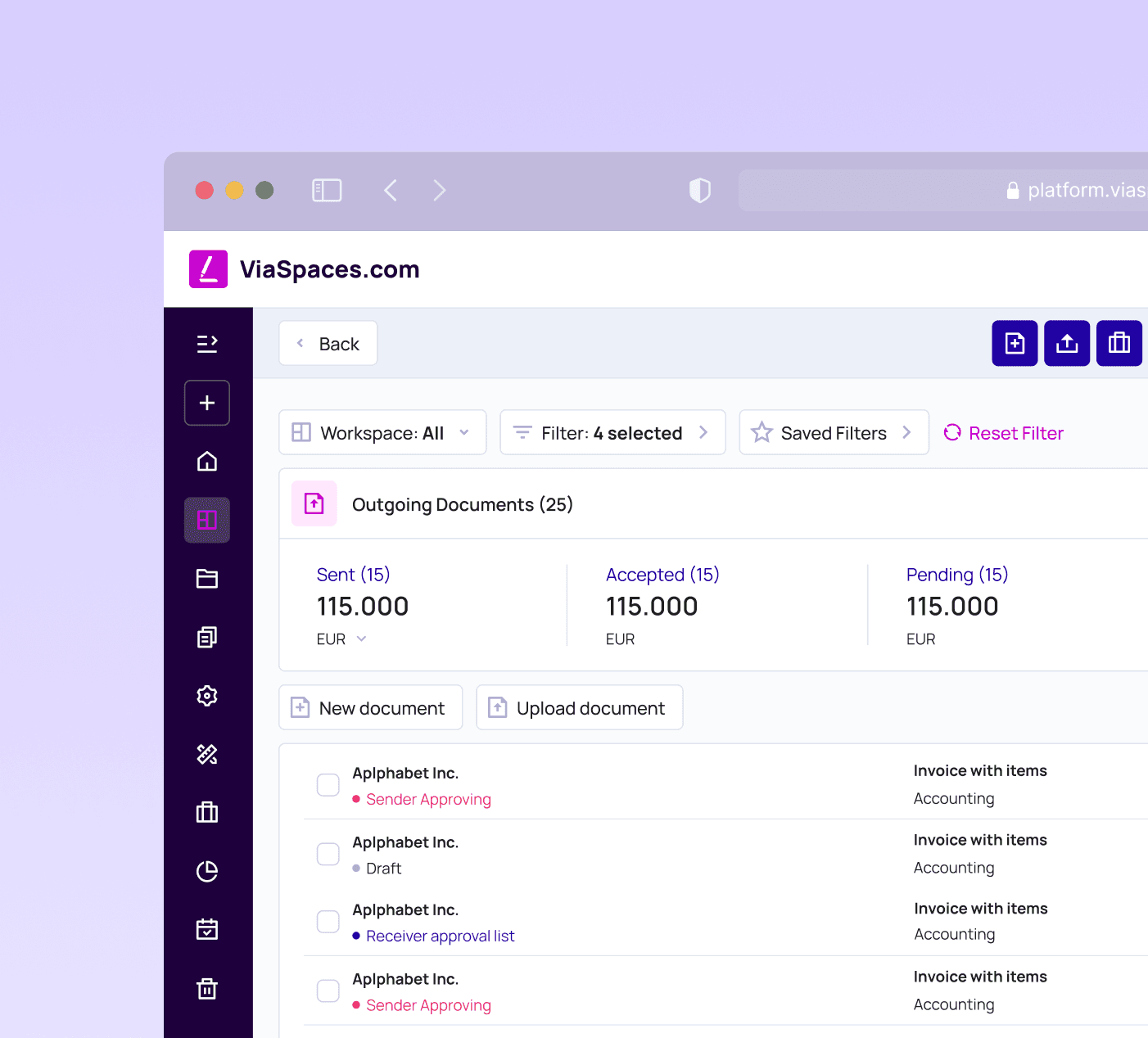ViaSpaces web dashboard showing document workflow statuses like sent, accepted, and pending