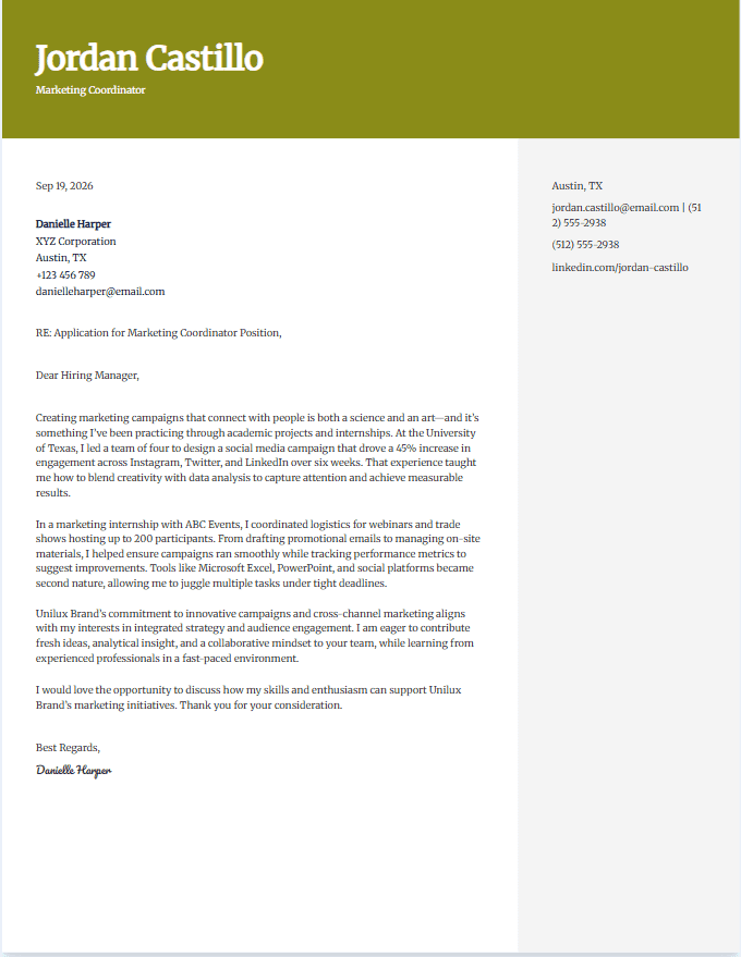 Sample cover letter for marketing coordinator entry level