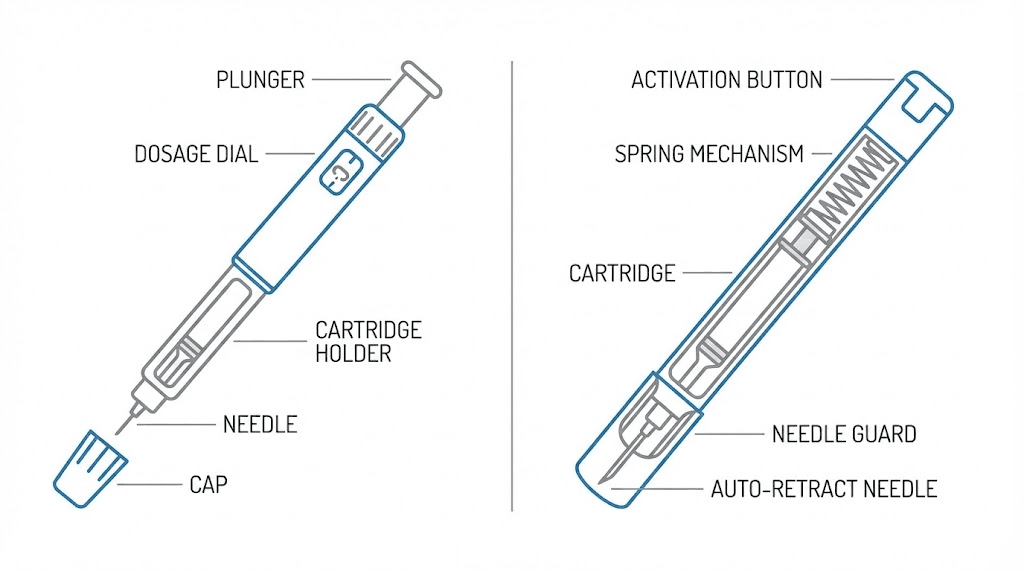 Peptide injection pen types manual pen injector versus autoinjector comparison diagram
