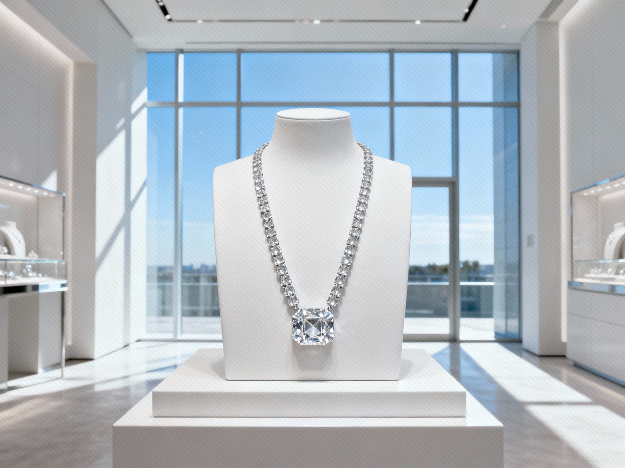An expansive wide-angle editorial photograph taken at midday inside a modern minimalist showroom