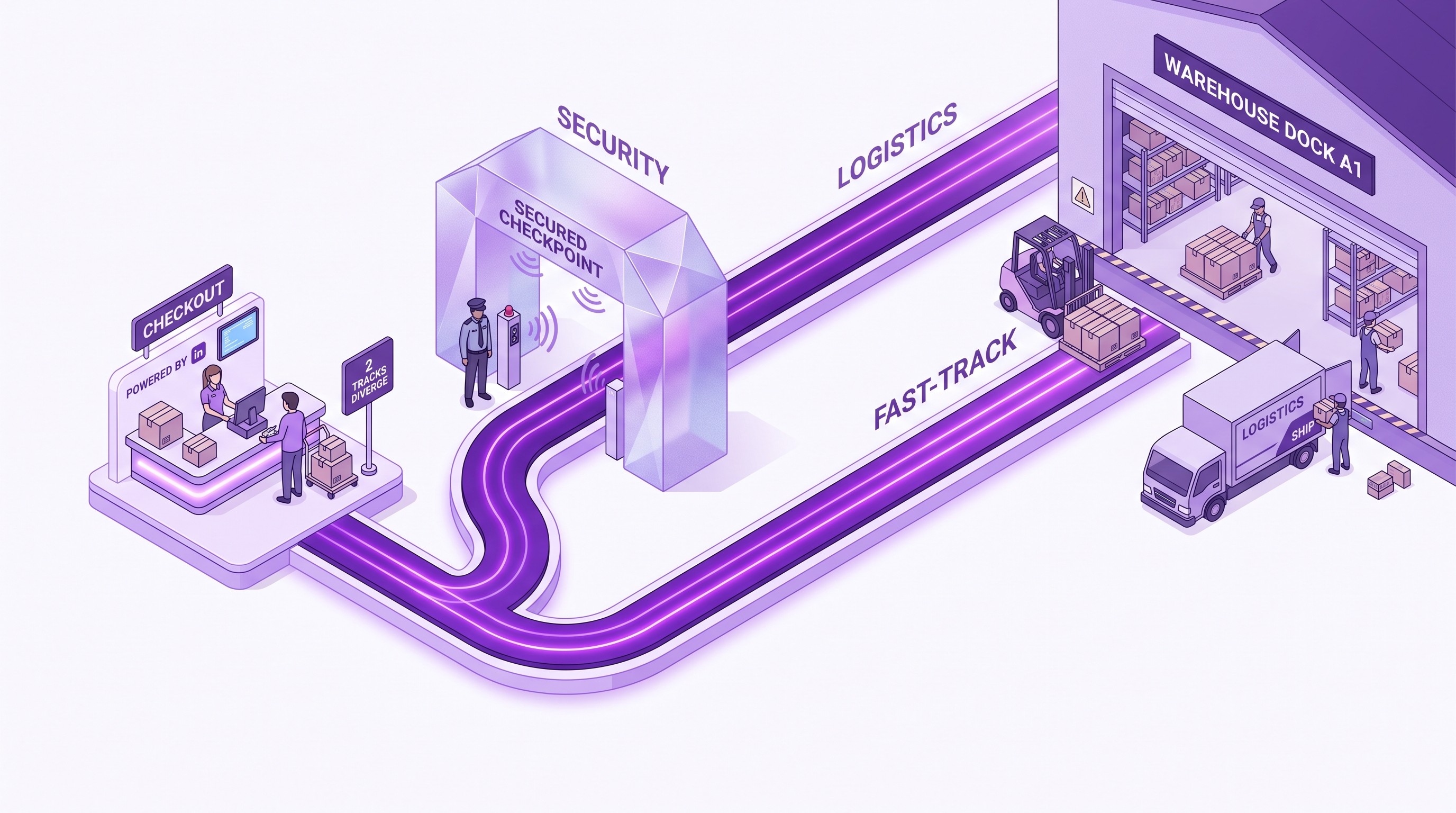 Two parallel order paths showing held versus flowing Shopify fulfillment routes