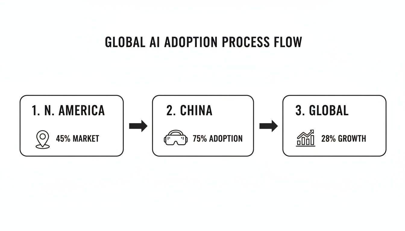 A flow diagram illustrating the global AI adoption process, highlighting stages for North America, China, and overall global growth.