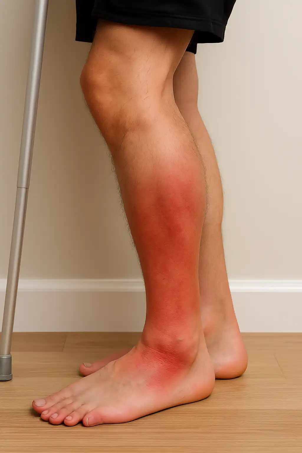 A person standing with a crutch, showing a visibly swollen and red lower leg and ankle, indicating inflammation or injury.