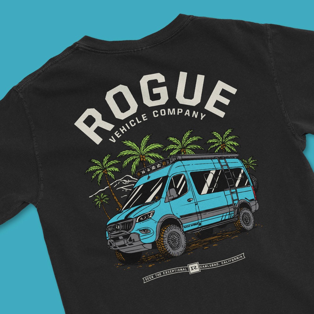 Rogue Vehicle Company illustrated van graphic on black t-shirt