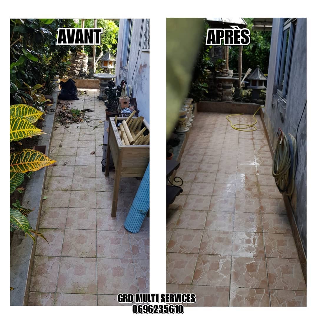 Avant et après le nettoyage haute pression : Allée carrelée