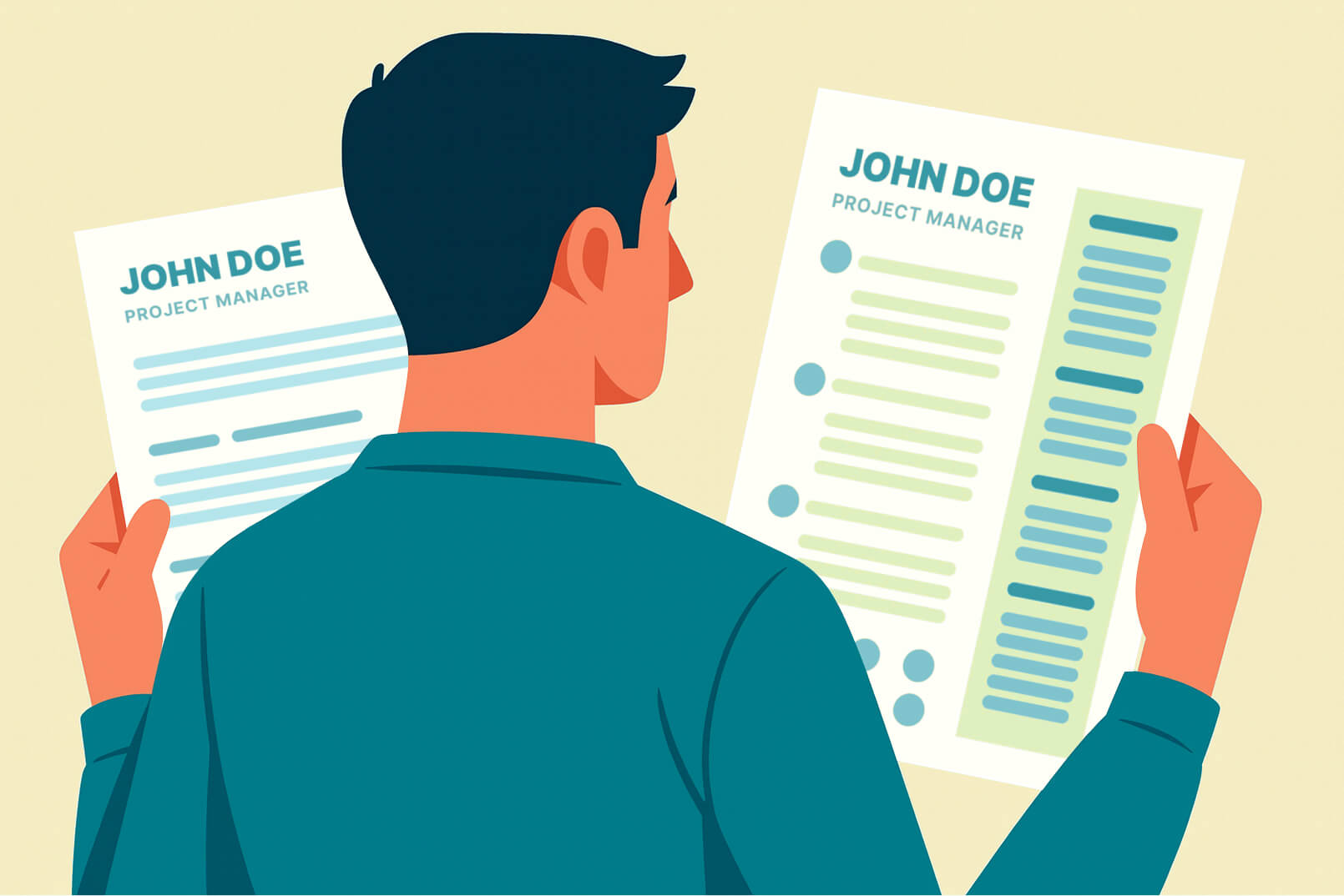 Person holding two CV templates — one minimalist and one creative — comparing different resume designs.
