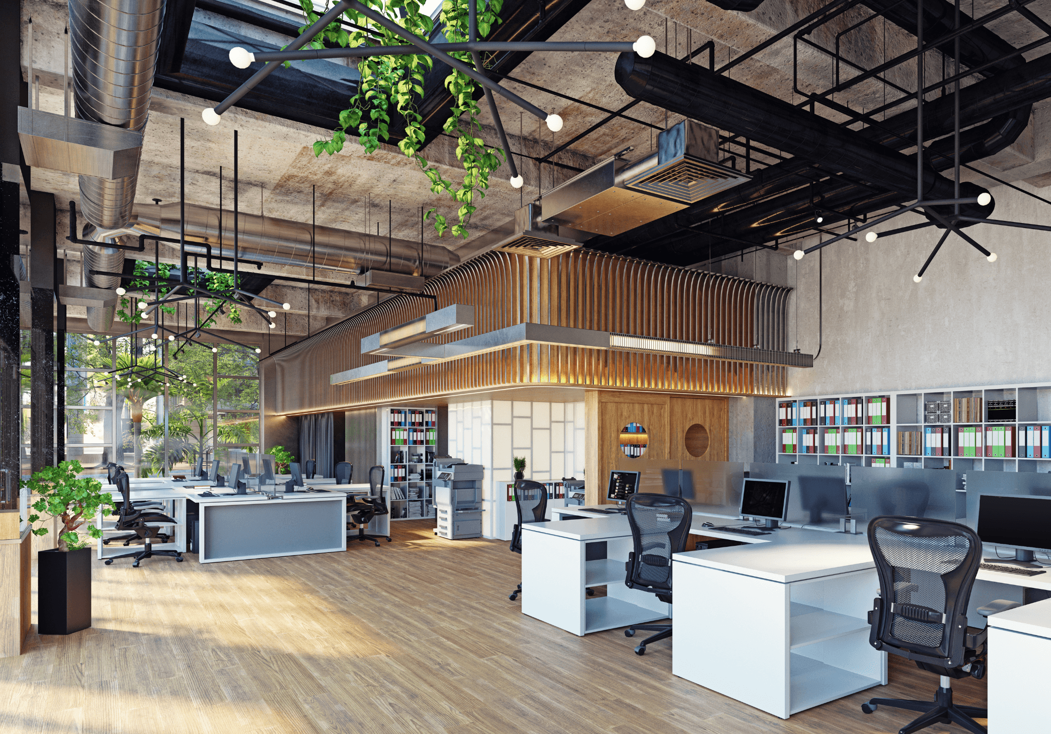 Completed CAT B office fit out featuring industrial exposed ceilings, biophilic design, and ergonomic workstations.