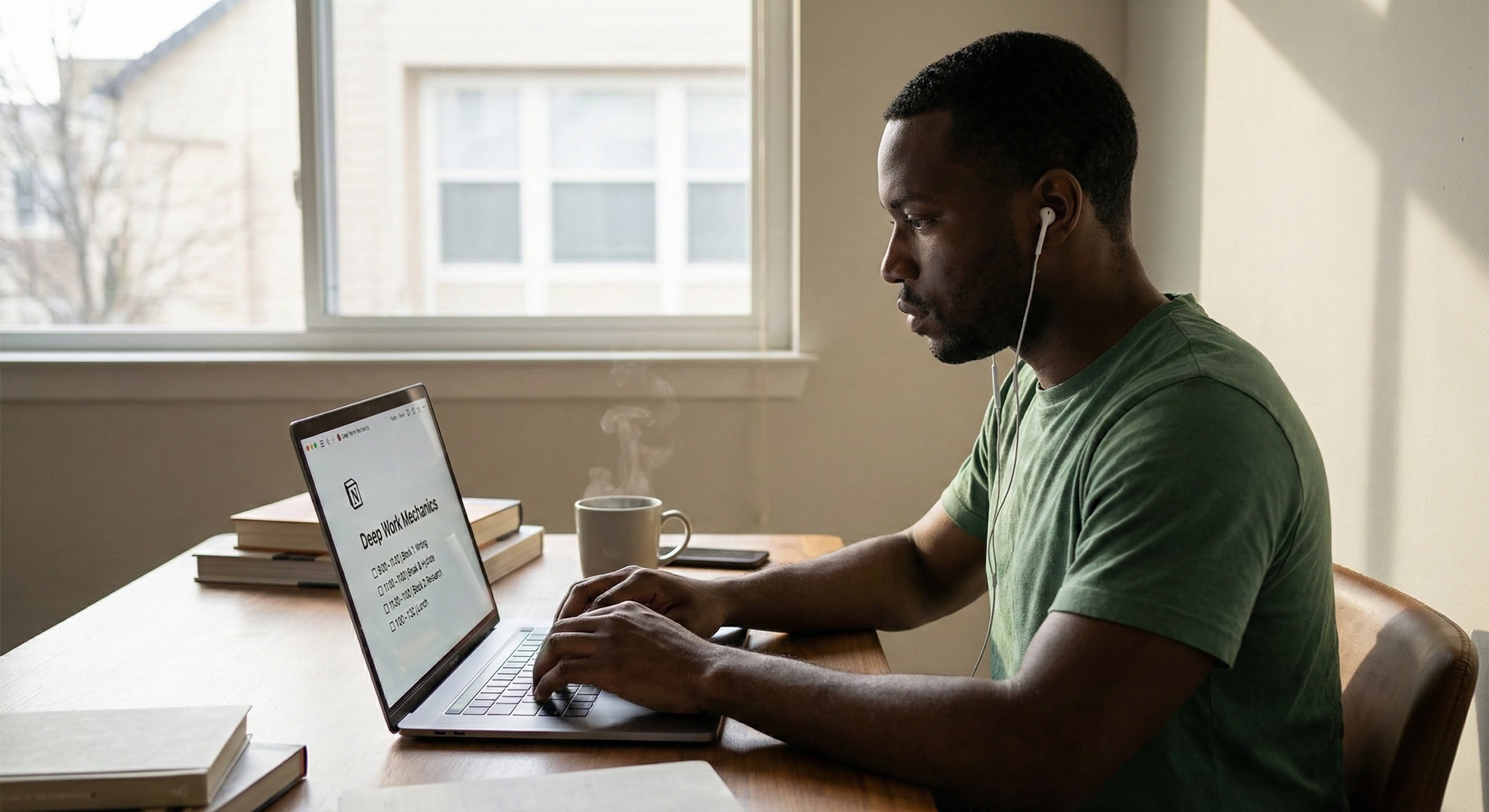A man typing on a laptop next to a bright window, viewing the Deep Work Mechanics checklist and daily schedule.
