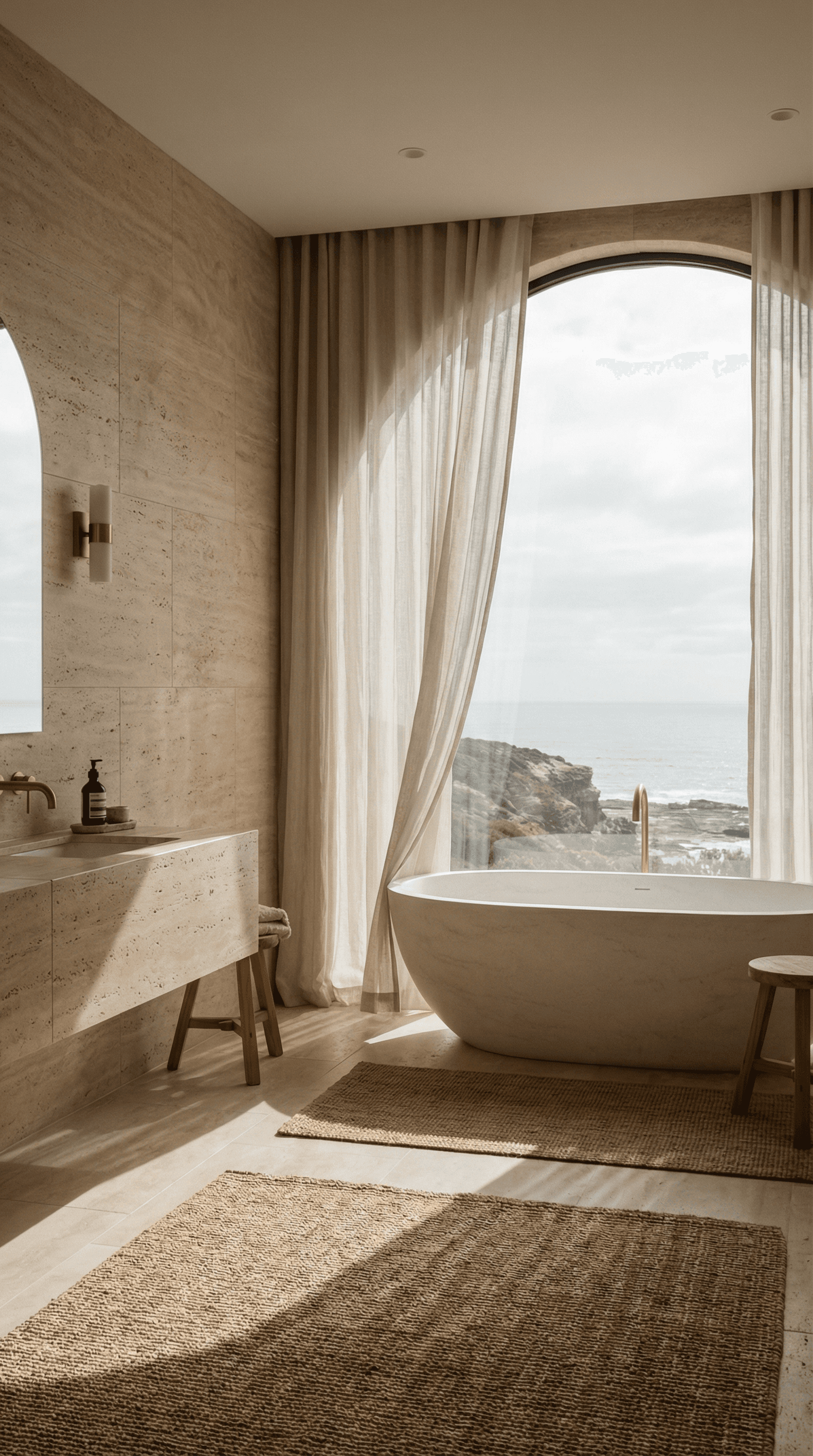Luxury coastal bathroom with travertine stone walls, freestanding bathtub and arched window ocean view, warm natural light