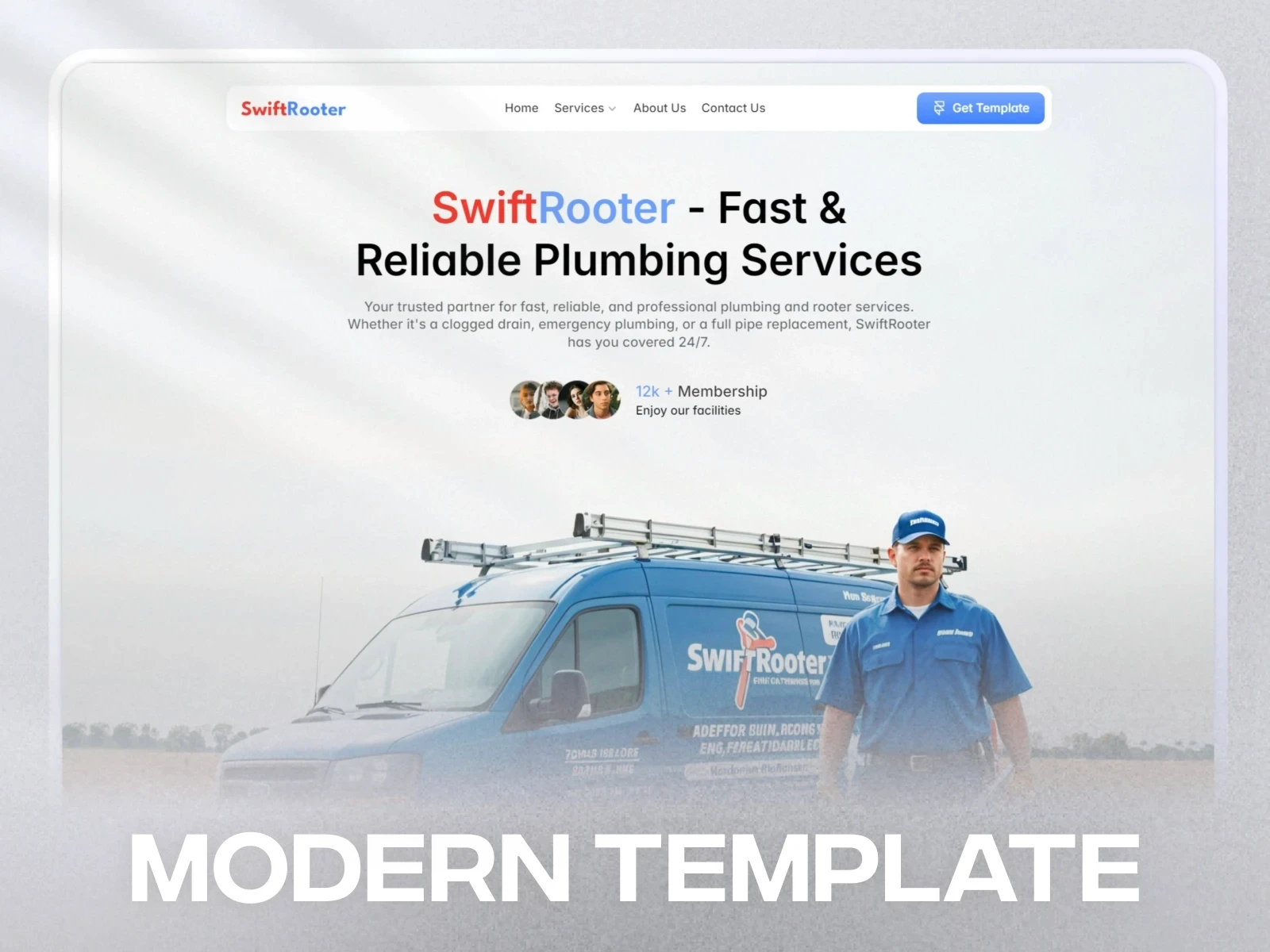 SwiftRooter drain and plumbing specialist modern template with hero section, service van image, and membership counter.
