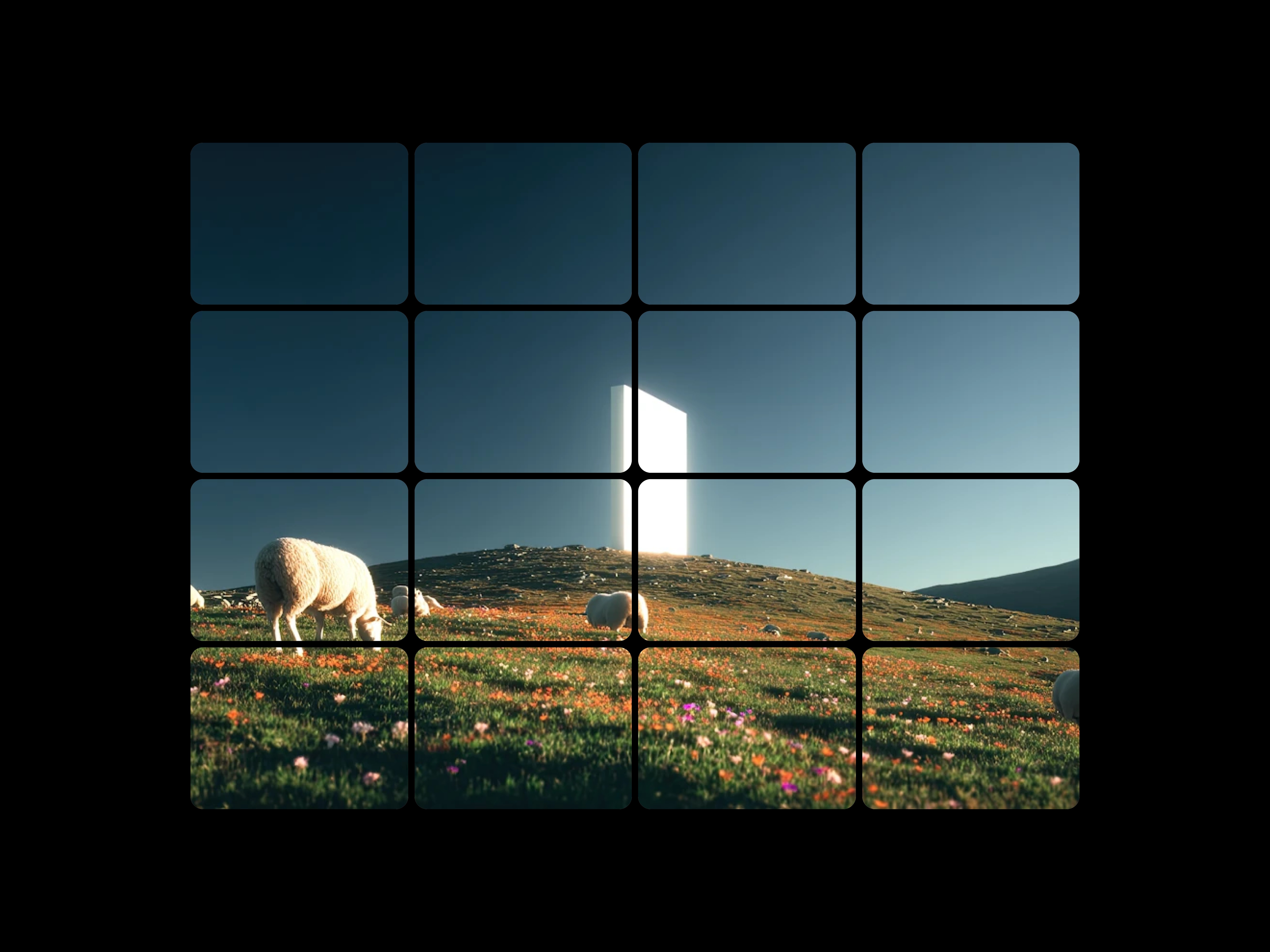 Surreal scene of sheep grazing on a hill with a glowing rectangular portal, displayed in a grid of rounded squares.
