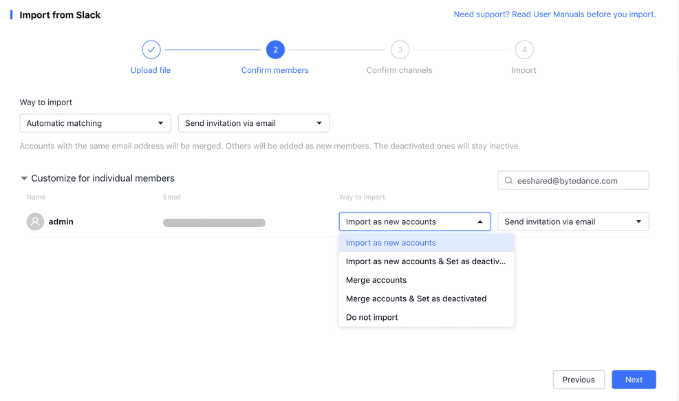 Modify import settings for individual members using name or email address