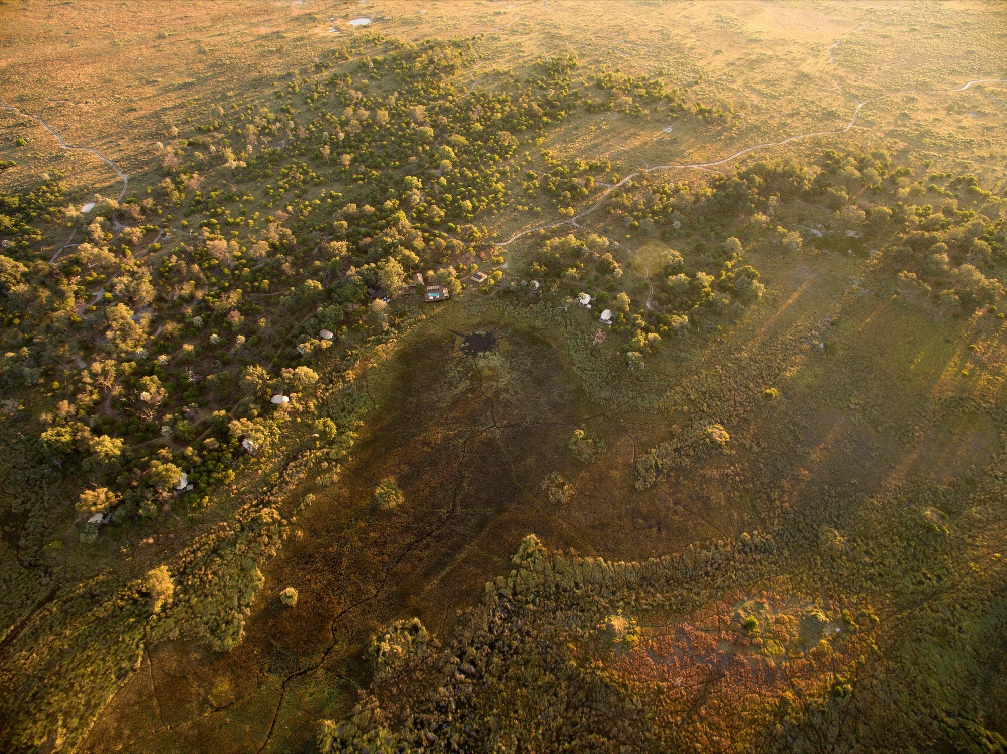The Okavango's floodplains and islands from the air at last light