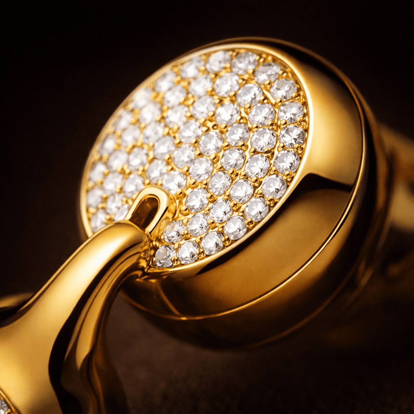 A woman wearing a shiny coat stands in focus, while a blurred background creates a sense of movement.