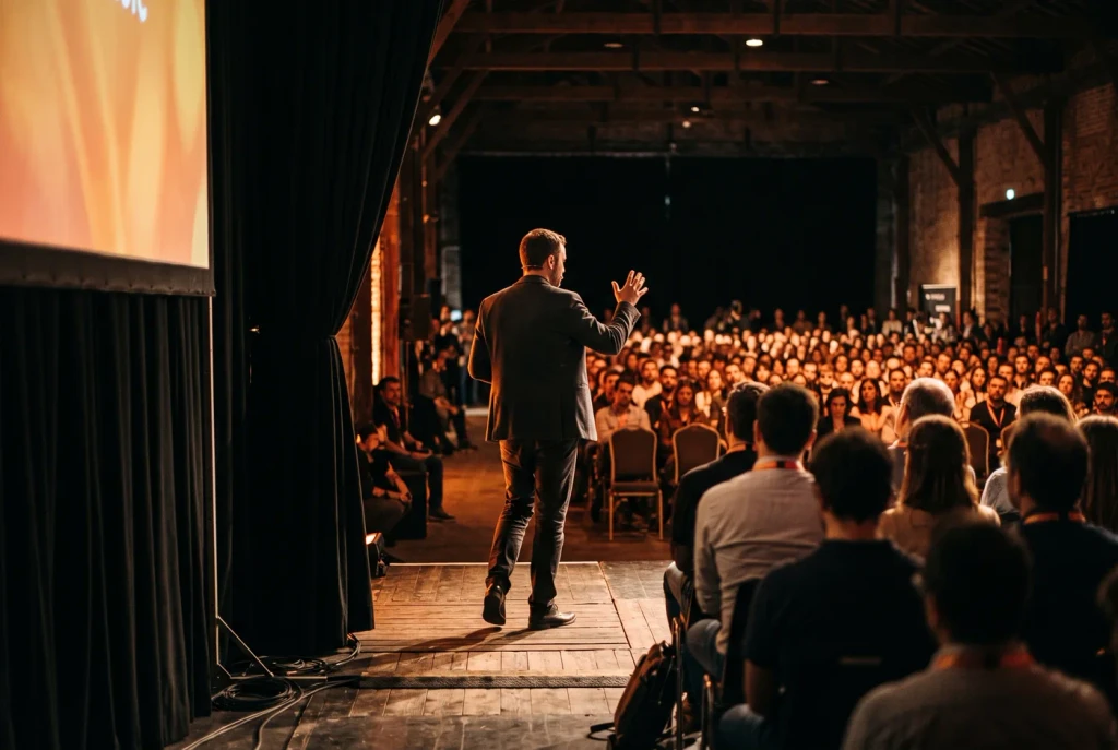 A speaker in front of the main stage screen