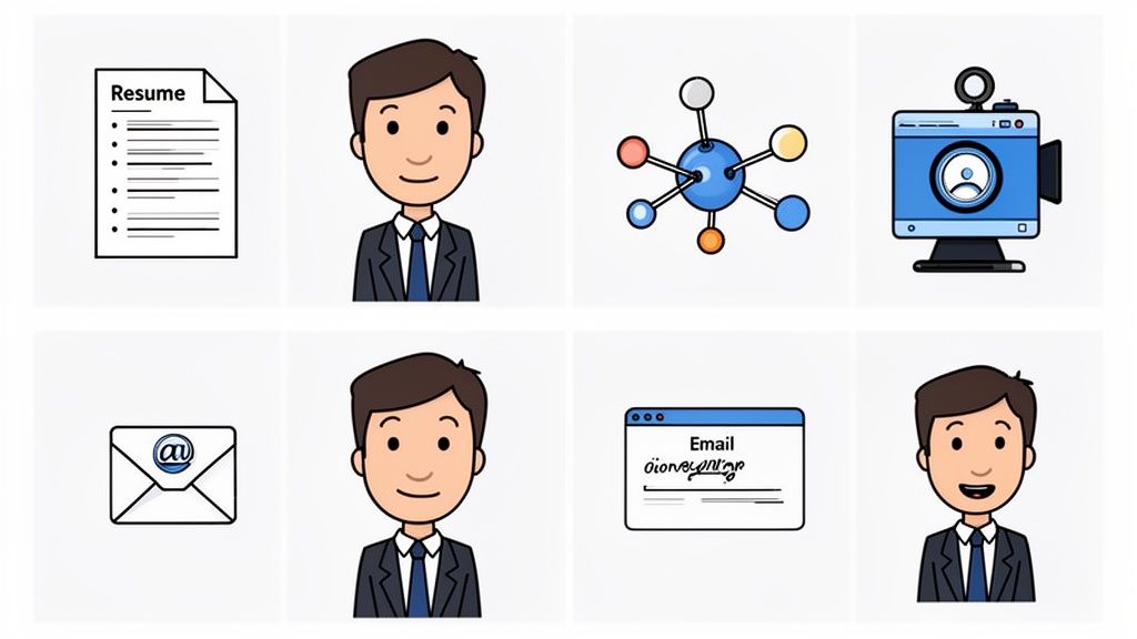 Illustrationen zum Bewerbungsprozess: Lebenslauf, professionelle Porträts, Netzwerk und Online-Interviews.
