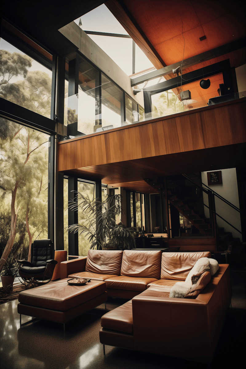 Warm mid-century modern living room with cognac leather sectional sofa, wood-panelled mezzanine, and panoramic floor-to-ceiling glass overlooking lush nature