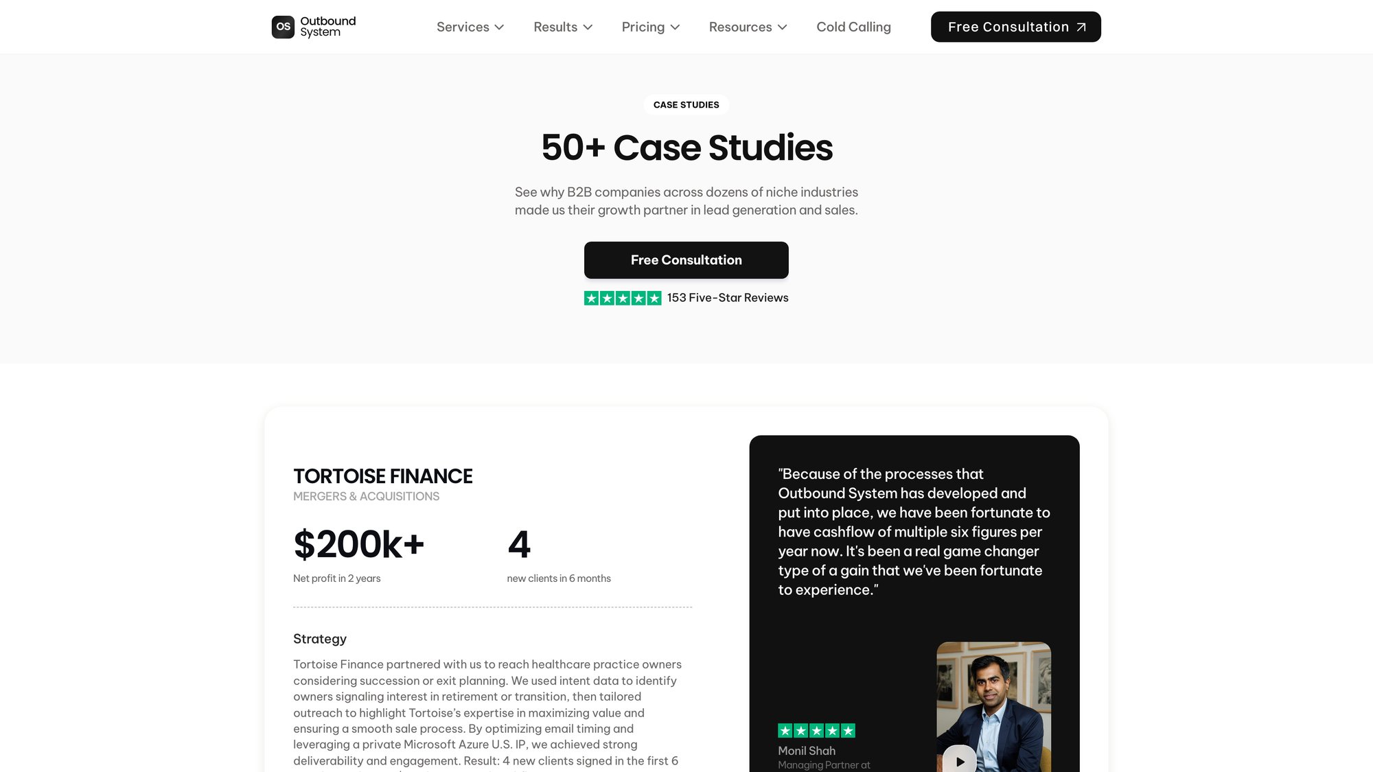 Outbound System case studies page displaying 50+ client success stories across industries