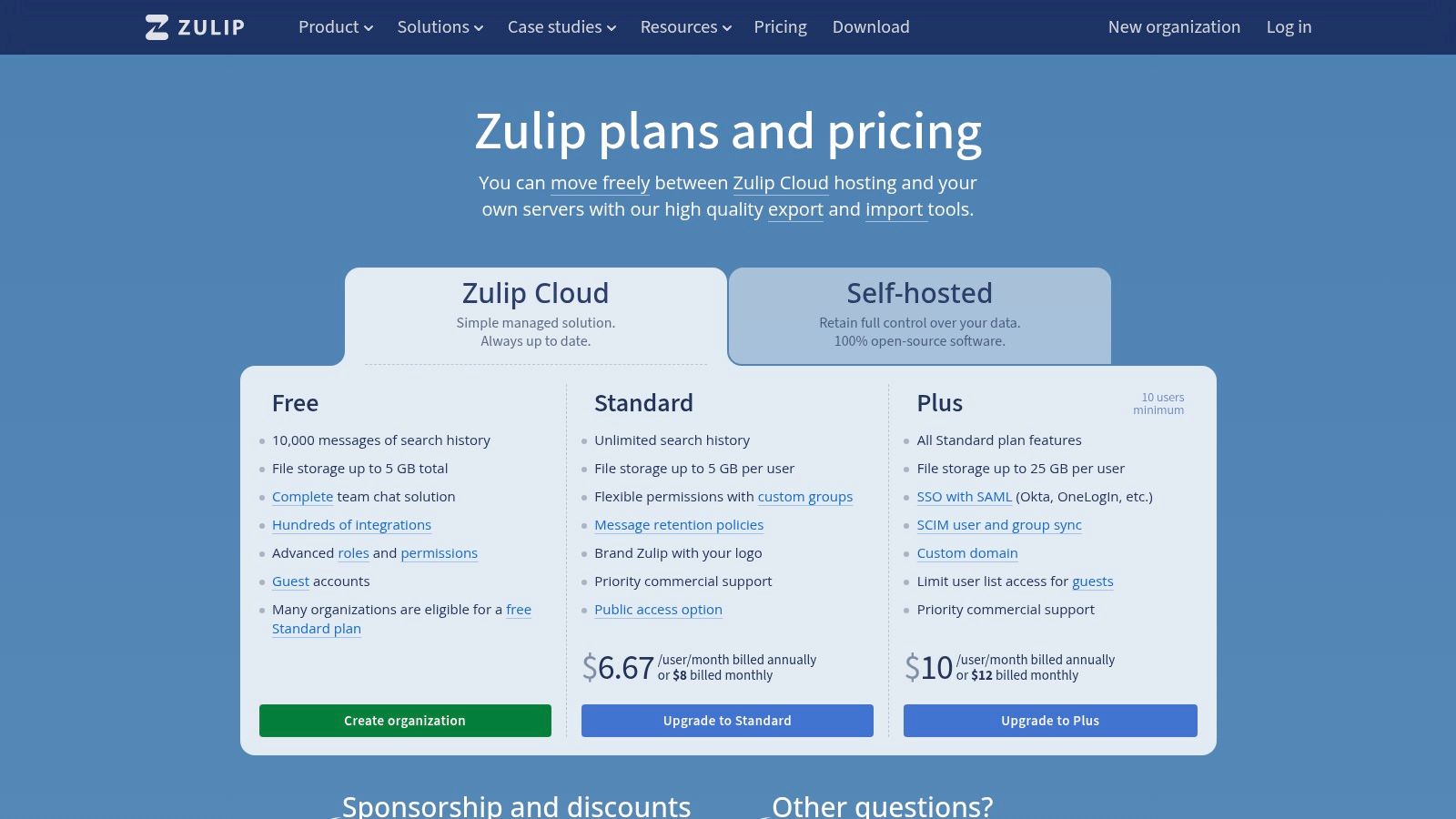 Zulip pricing plans showing Free, Standard, and Enterprise tiers