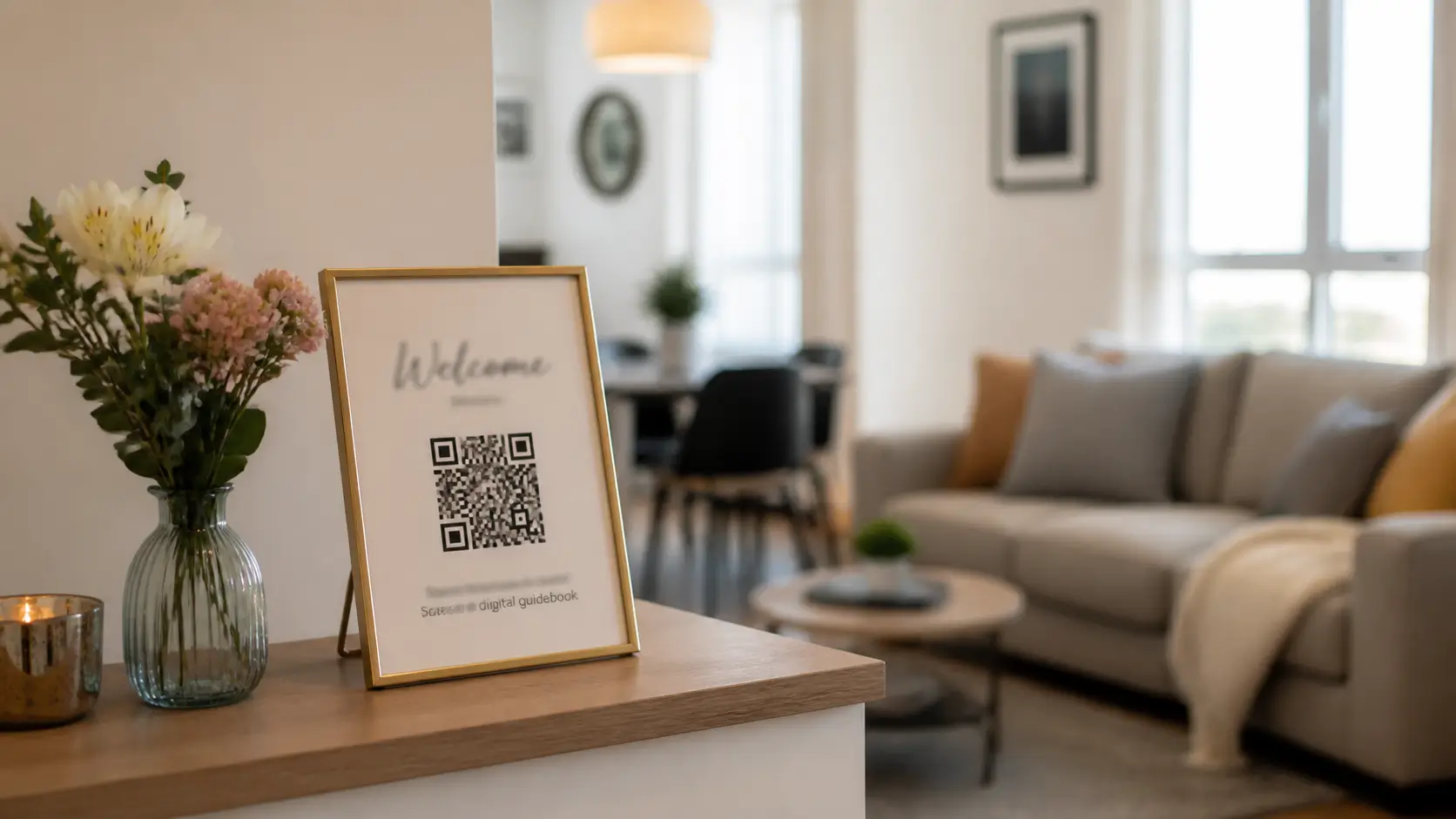 Cartel de bienvenida con código QR en un alquiler vacacional que dirige a la guía digital