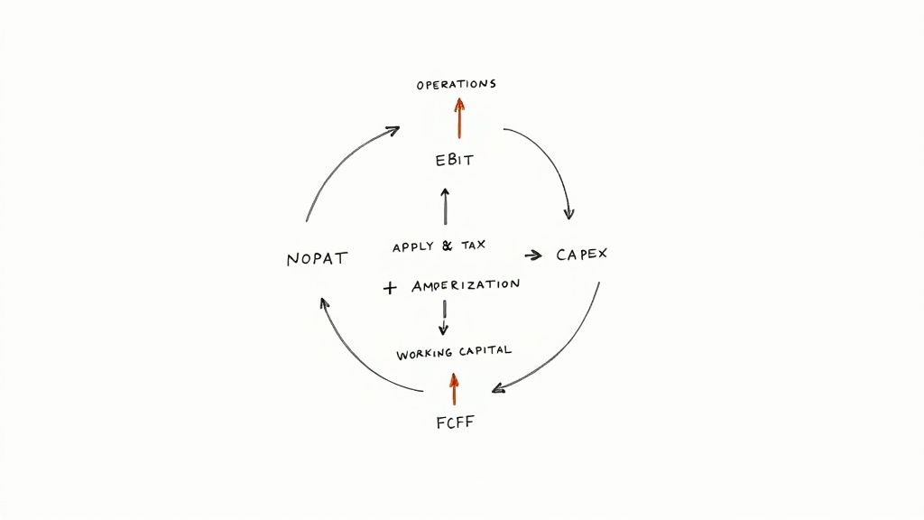 A financial flow diagram illustrating the calculation of Free Cash Flow to Firm (FCFF) and related financial metrics.