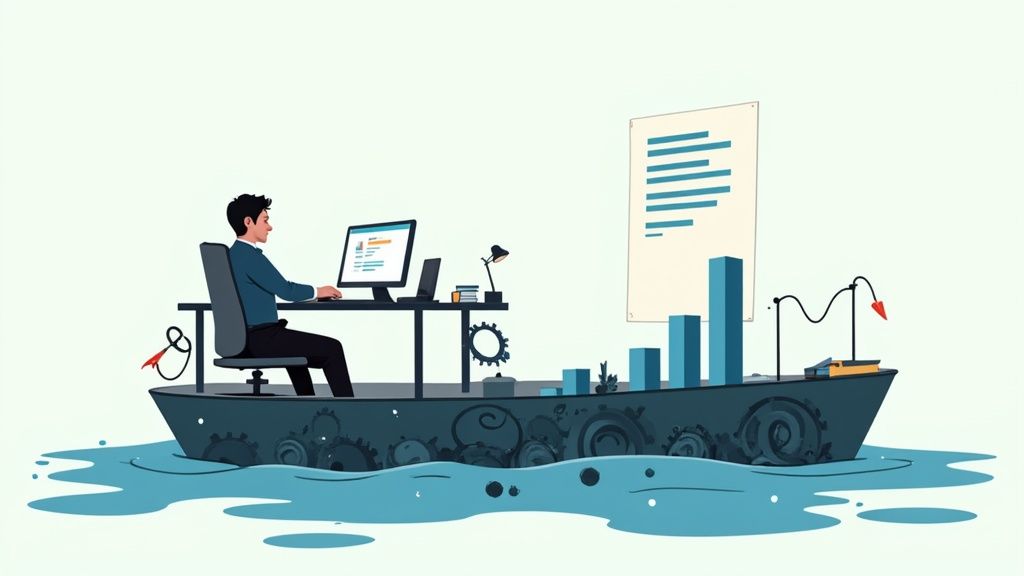 An engineer looking stressed while sitting at a desk with multiple monitors, symbolizing developer burnout.