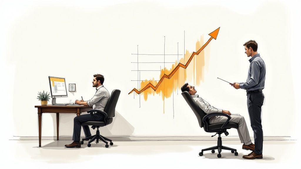 Profesionales de negocios analizando gráfico de crecimiento ascendente en presentación corporativa exitosa