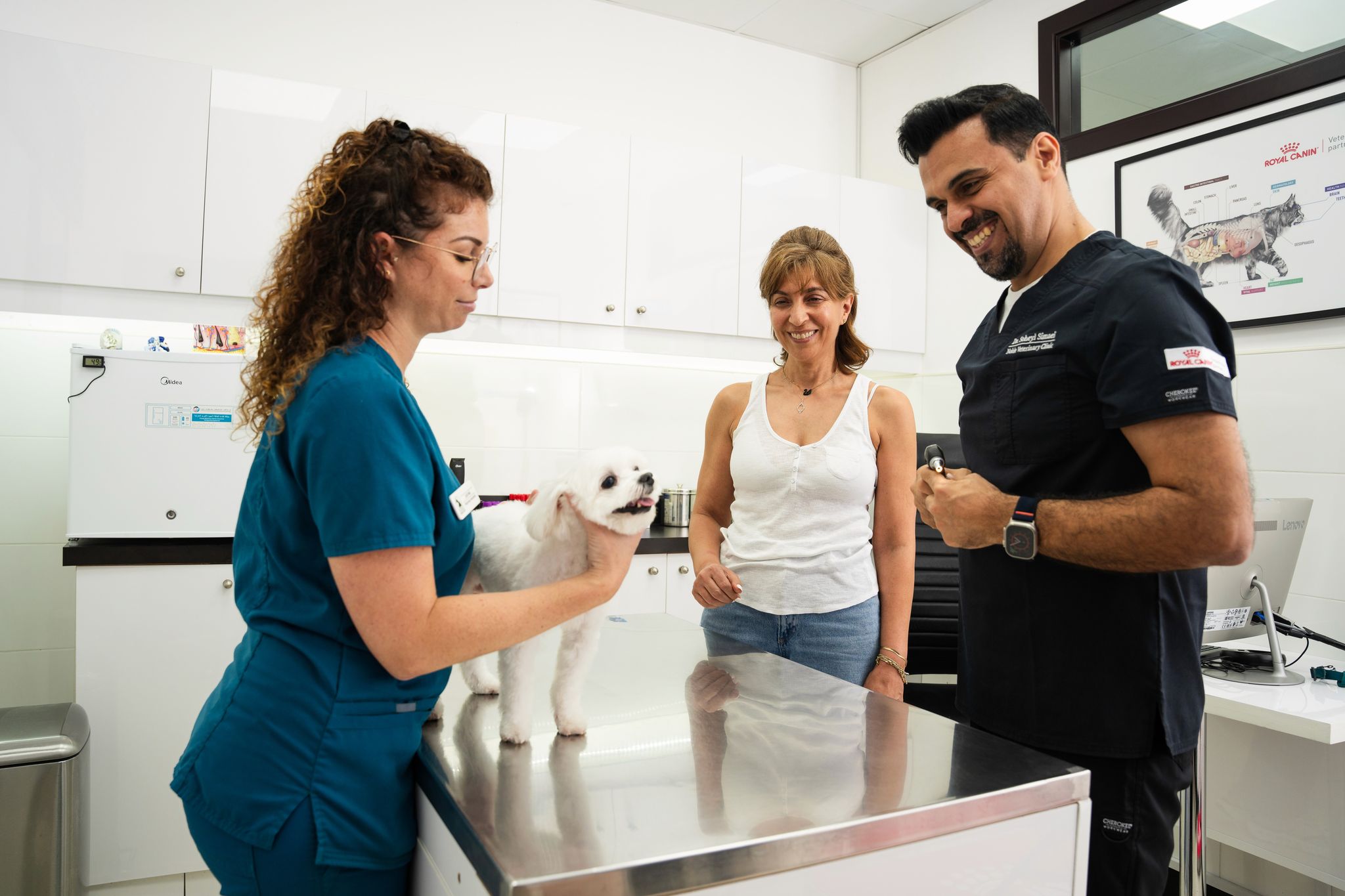 Two veterinarians and a dog owner smiling during a check-up for a small white dog standing on a metal exam table at Noble Vet Clinics.