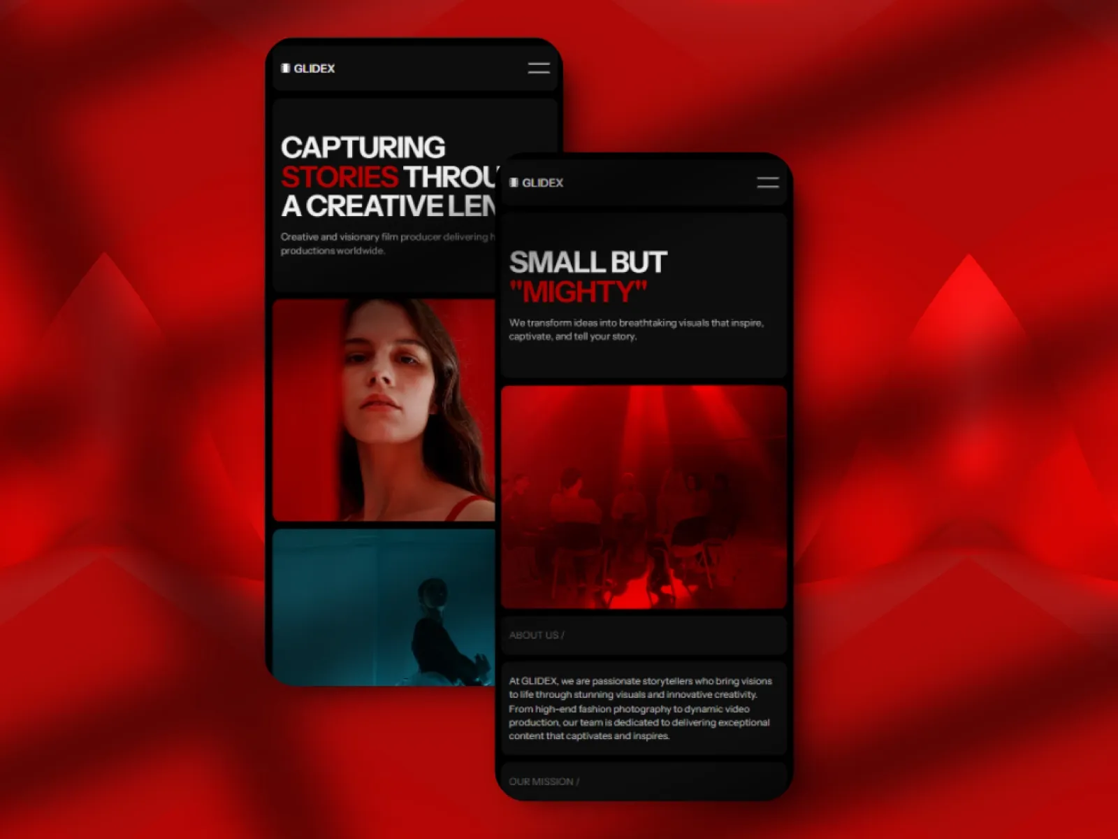 GlideX videographer portfolio mobile template with red and black theme, creative visuals, and about section.