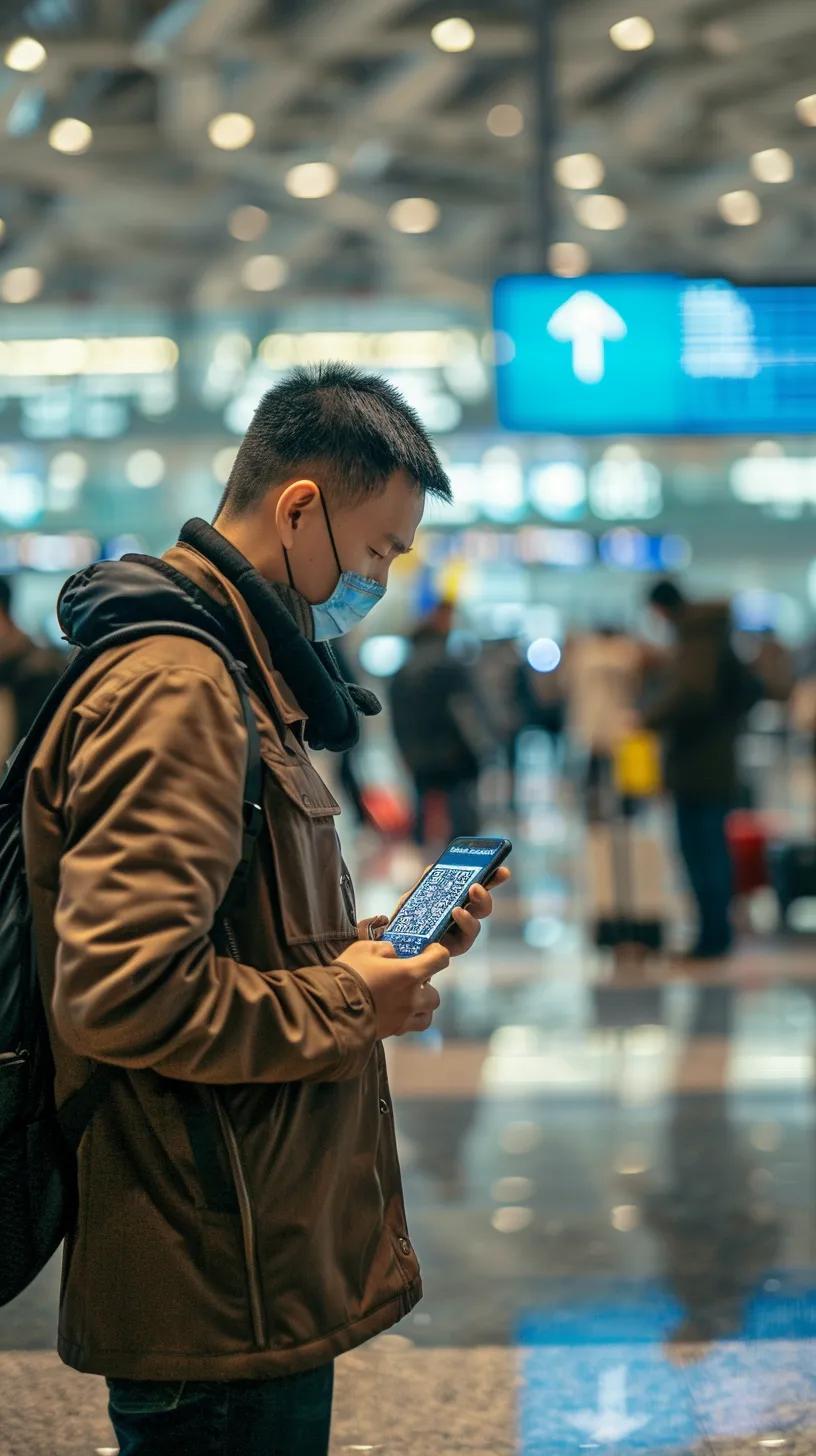 Traveler activating eSIM on smartphone upon arrival at the airport